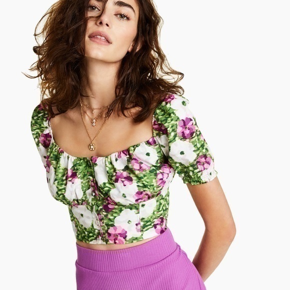 Bar III Cotton Puff-Sleeve Crop Top floral top size large - Picture 1 of 8